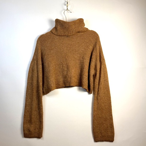 Brown‎ Ribbed Knit Turtleneck Cropped Sweater Long Sleeve Casual Chic - Picture 2 of 11